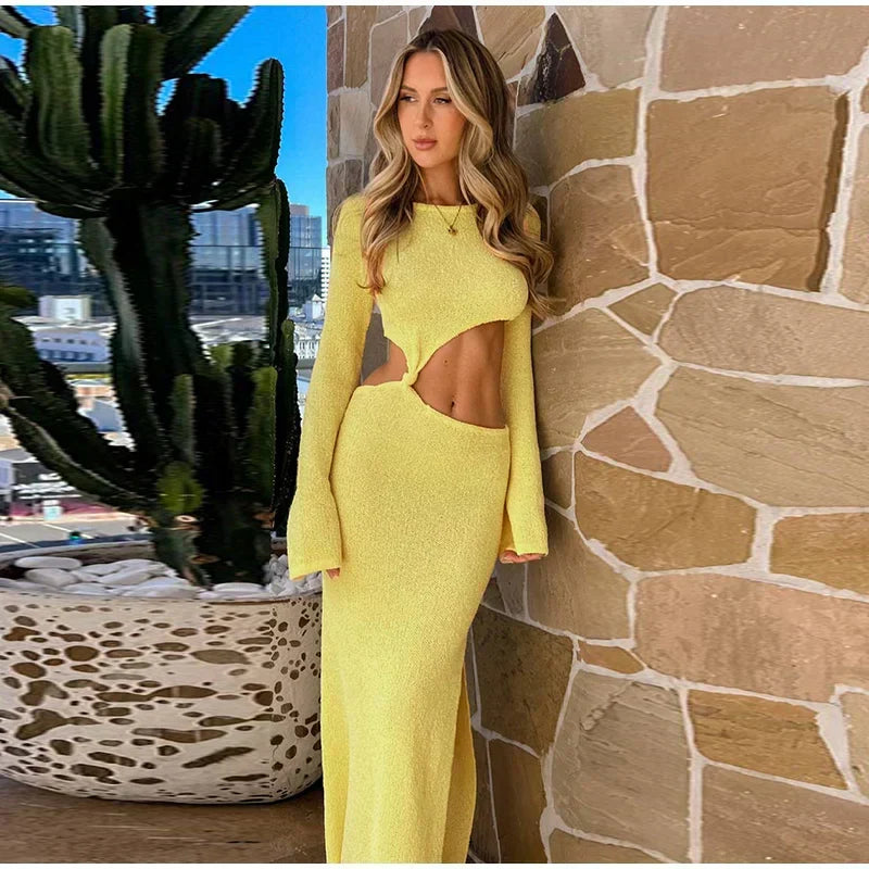 Crew Neck Cutout Twist Waist Side Slit Boucle Knit Maxi Dress 10