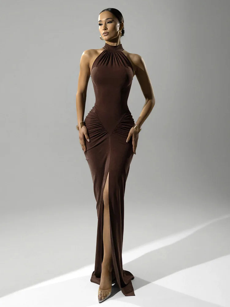 Ribbed Knit Halter Neck Ruched Hip High Split Maxi Dress 8