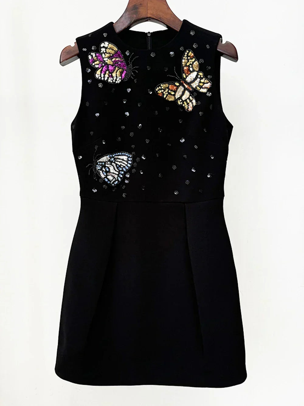 Crew Neck Butterfly Beaded Embellished Box Pleat Mini Dress 8