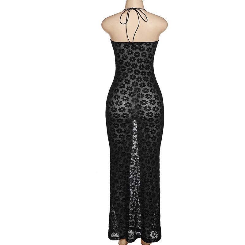 Halter Neck Burnout Floral Mesh O-Ring Midriff Cutout Bodycon Midi Dress 8