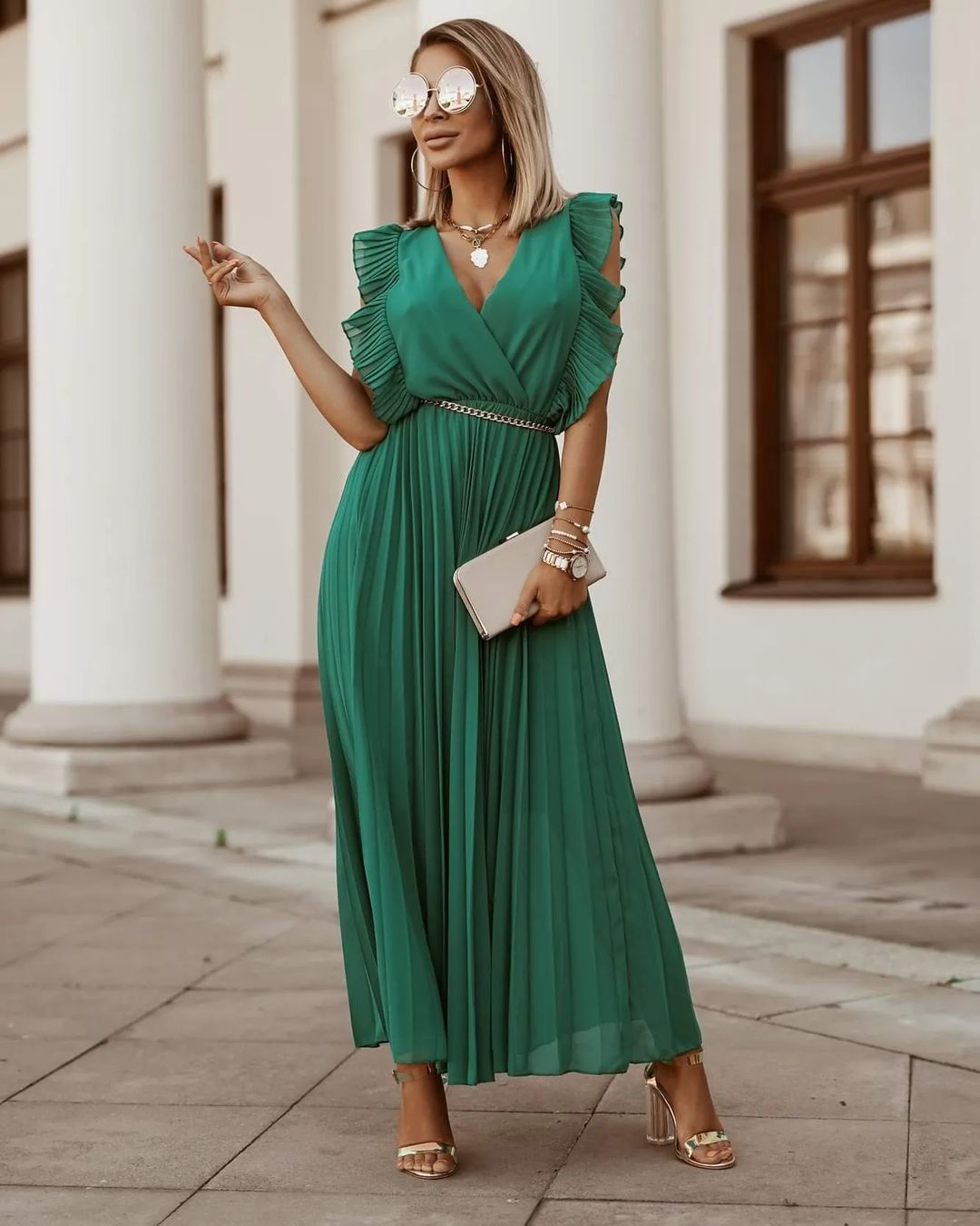 Deep V Wrap Ruffle Cap Sleeve Accordion Pleat Belted Maxi Dress