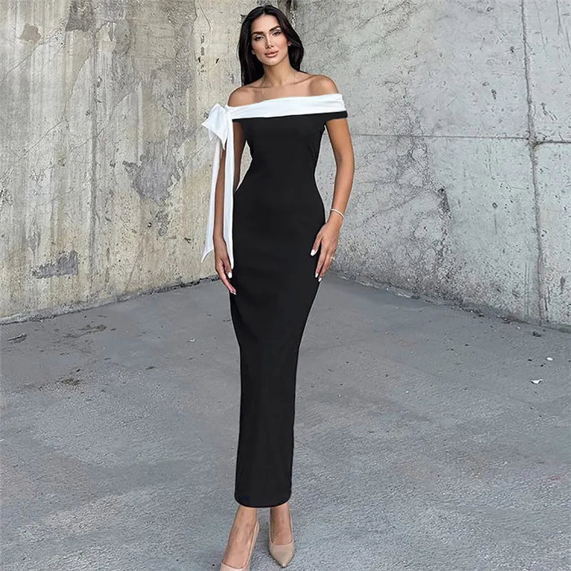 Off Shoulder Contrast Bow Shoulder Ribbon Bodycon Maxi Dress 17