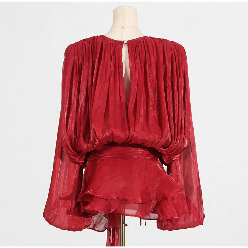 Keyhole Tie Neck Pleated Bishop Sleeve Tiered Ruffle Skirt Set 10