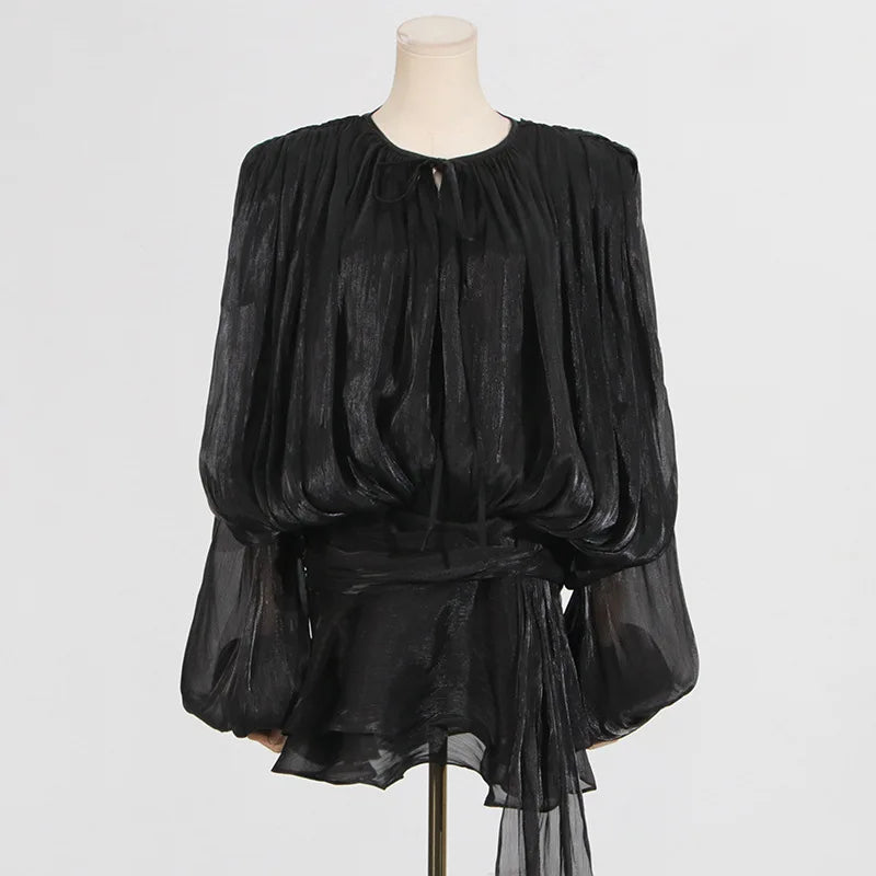 Keyhole Tie Neck Pleated Bishop Sleeve Tiered Ruffle Skirt Set 25