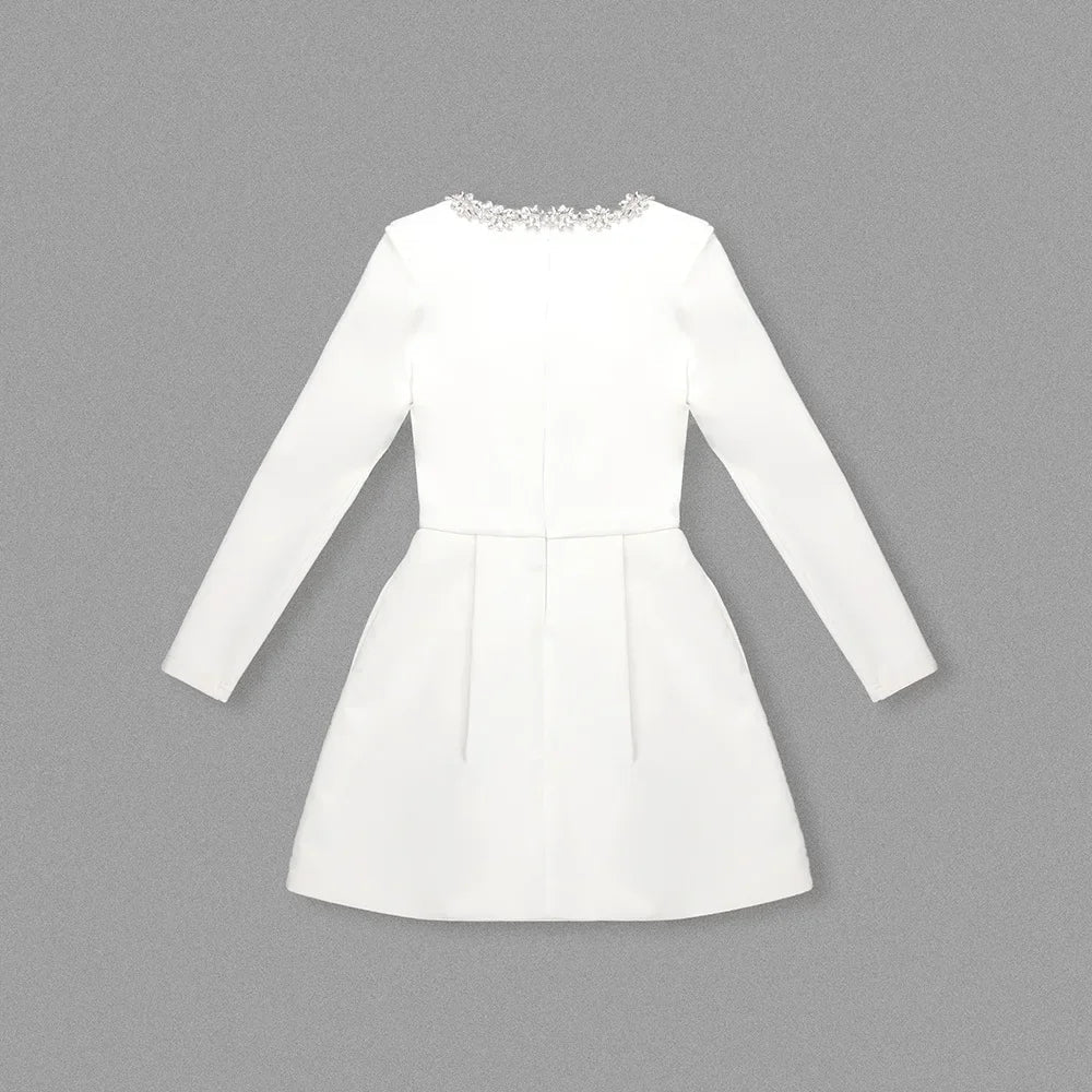 Square Neck Crystal Floral Trim Padded Shoulder Pleated Mini Dress 5