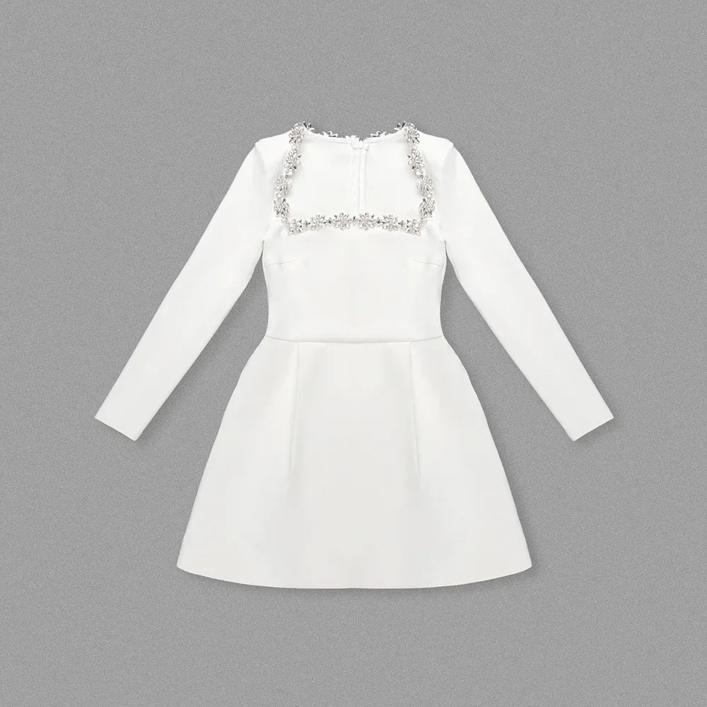 Square Neck Crystal Floral Trim Padded Shoulder Pleated Mini Dress 4
