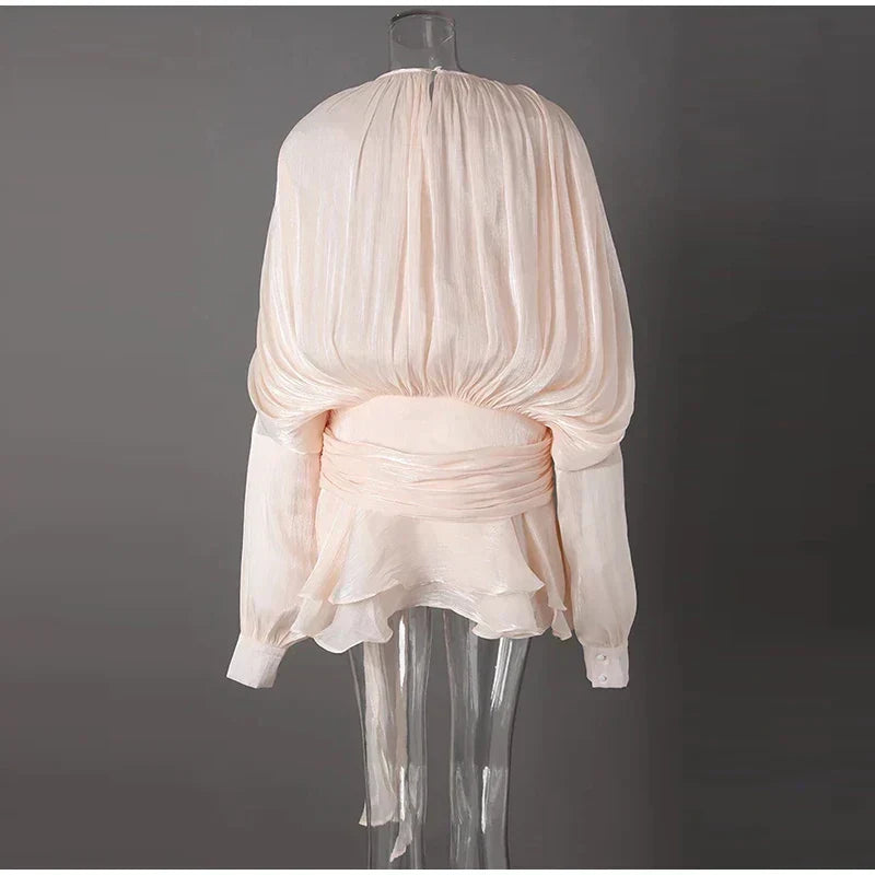Keyhole Tie Neck Pleated Bishop Sleeve Tiered Ruffle Skirt Set 7
