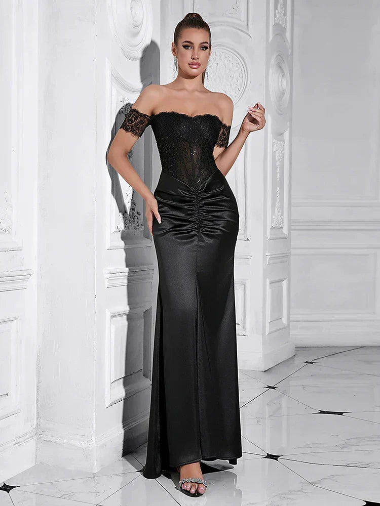 Off Shoulder Lace Corset Bodice Satin Ruched Center Maxi Gown