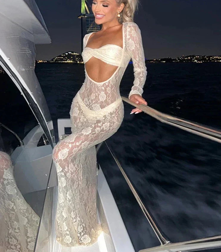 Floral Lace Square Neck Midriff Cutout Long Sleeve Maxi Gown