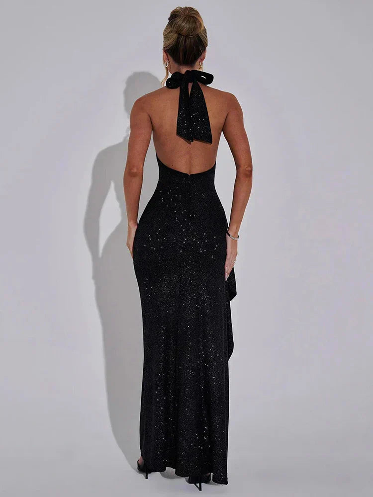Halter Glitter Knit High Slit Bodycon Maxi Gown 4