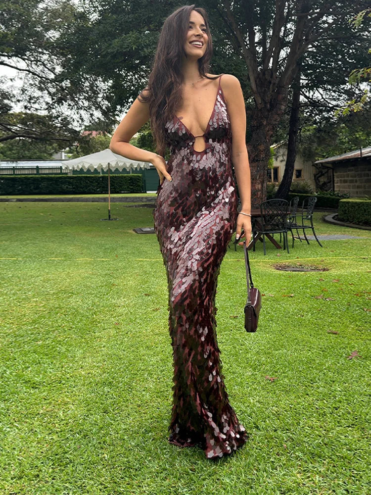 Scale Sequin Deep V Keyhole Bust Camisole Bodycon Maxi Dress 5