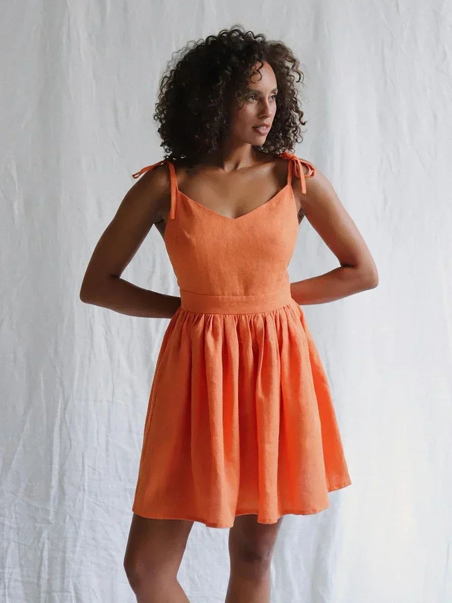 Tie Shoulder Bow Backless V-Neck Pleated Mini Dress 2