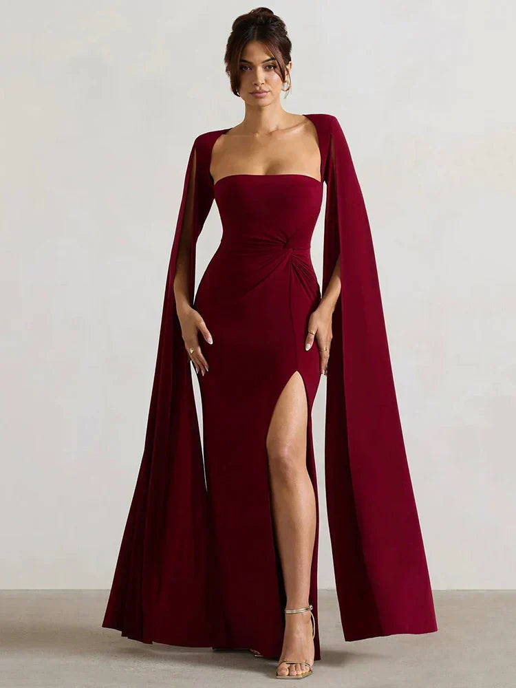 Square Neck Cape Sleeve Knot Front High Slit Maxi Gown
