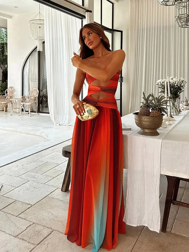 Pleated Tulle Strapless Twist Knot Cut Out Tiered Maxi Dress 8