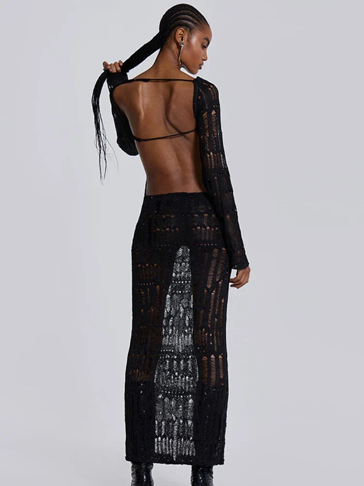 Knit Open Weave Mock Neck Long Sleeve Side Cut Out Bodycon Maxi Dress 3