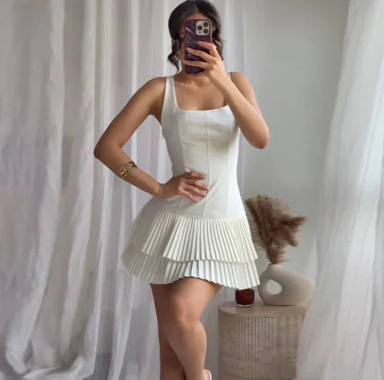 Square Neck Drop Waist Tiered Knife Pleat Mini Dress