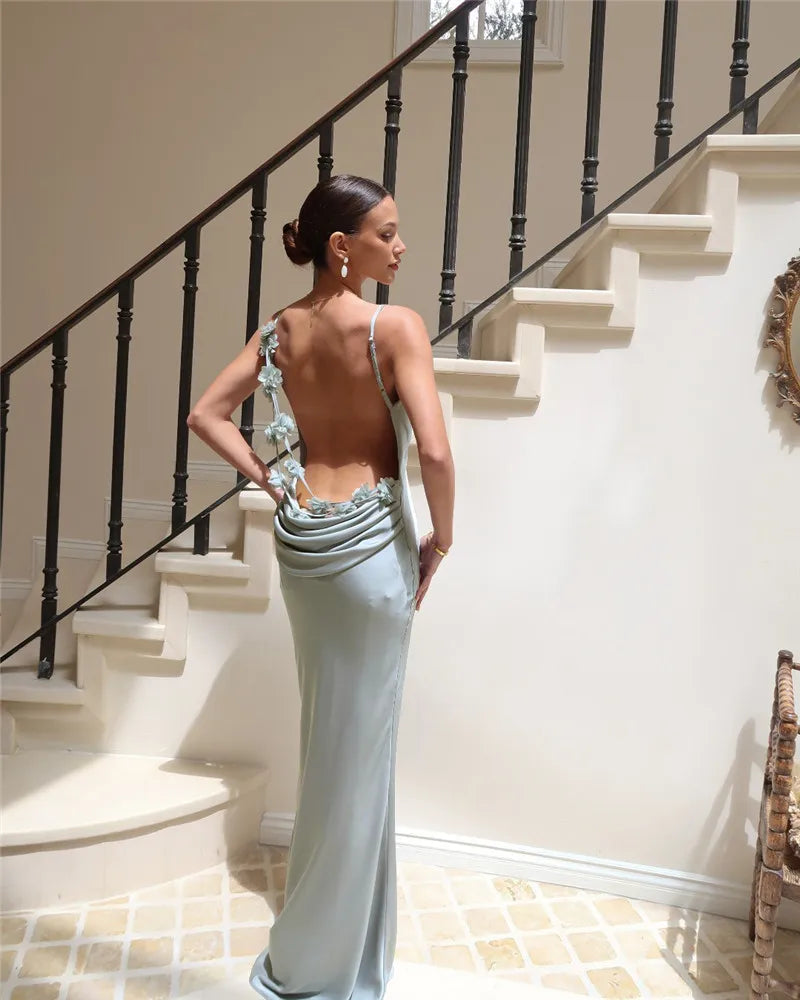 Spaghetti Strap Floral Applique Cowl Back Satin Maxi Dress
