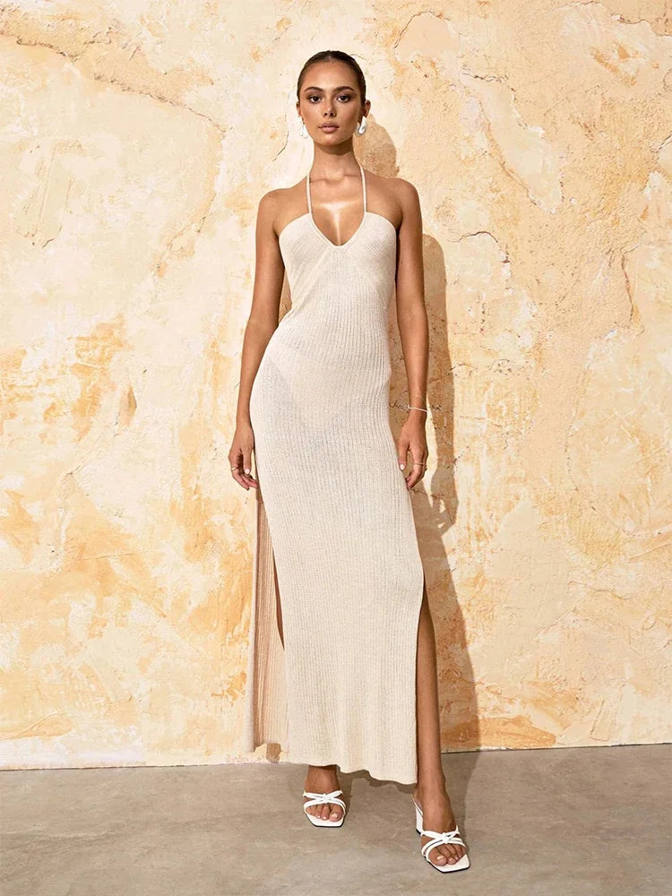 Halter Cross Strap Deep V Neck Ribbed High Slit Maxi Dress 26