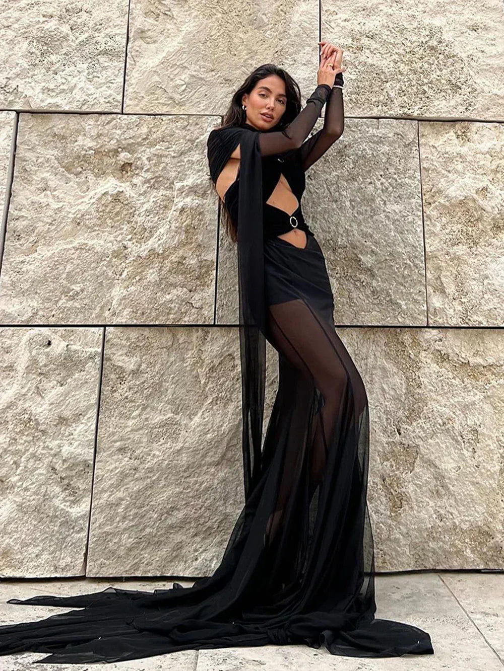 Off Shoulder Mesh Ring Buckle Cutout Hooded Cape Maxi Dress 2