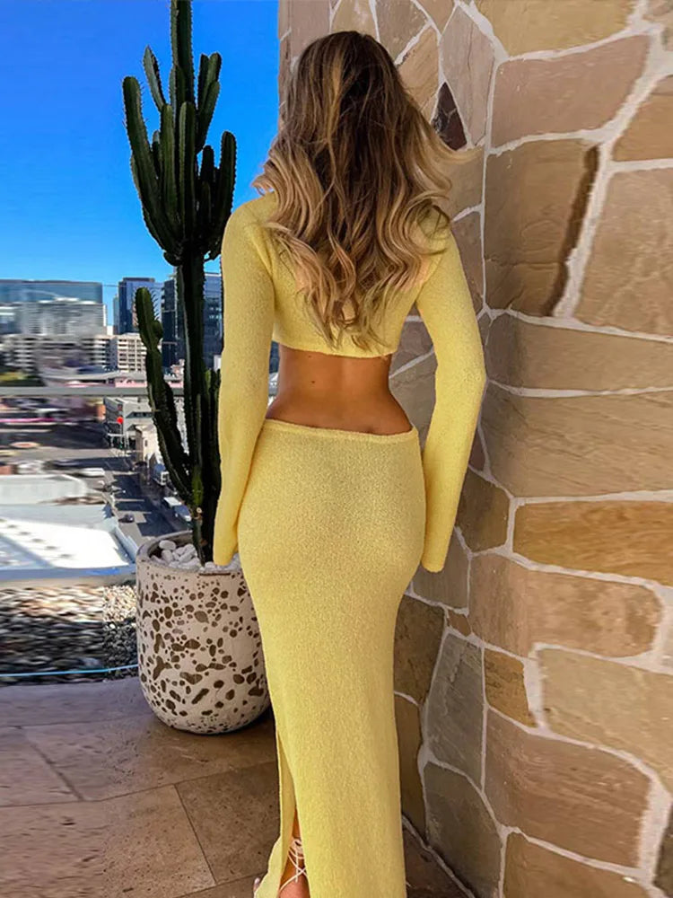 Crew Neck Cutout Twist Waist Side Slit Boucle Knit Maxi Dress 2