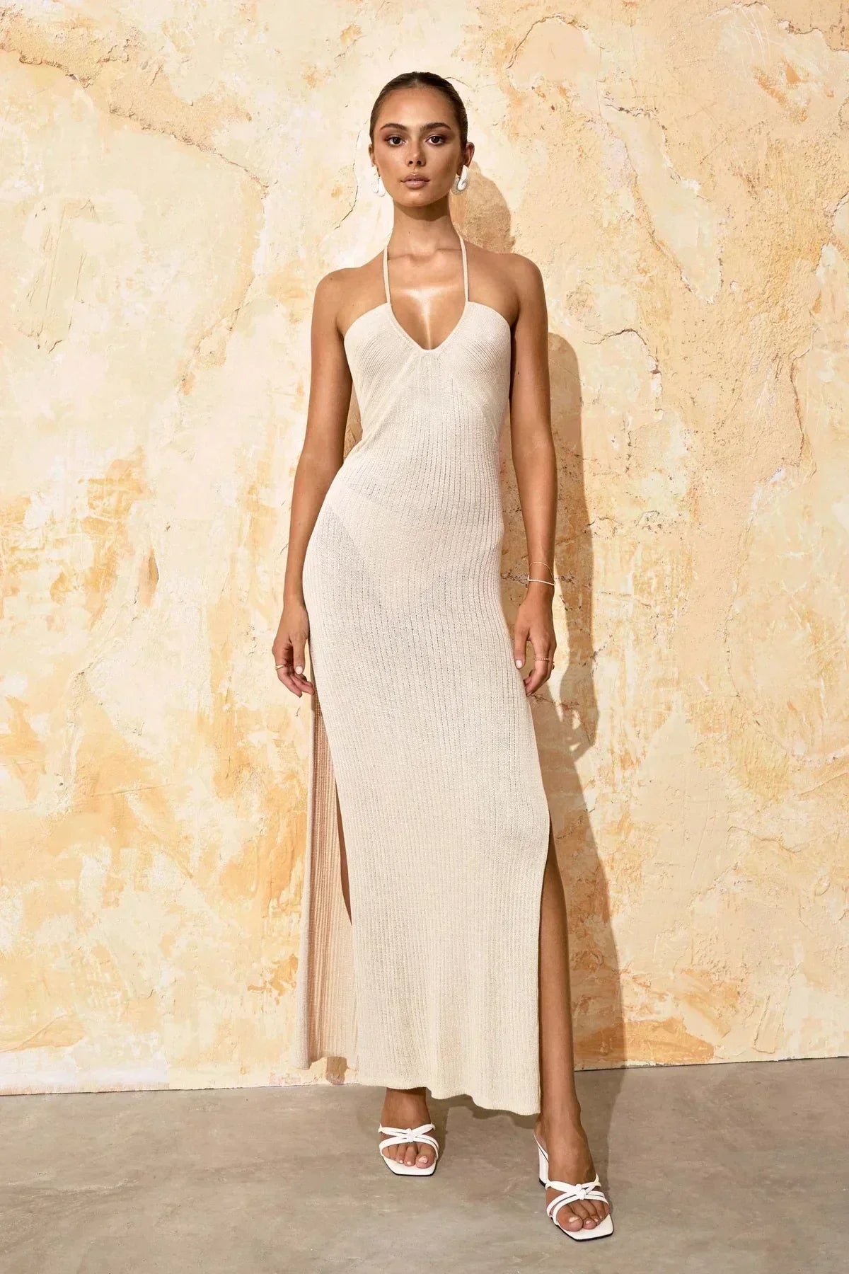 Halter Cross Strap Deep V Neck Ribbed High Slit Maxi Dress 22
