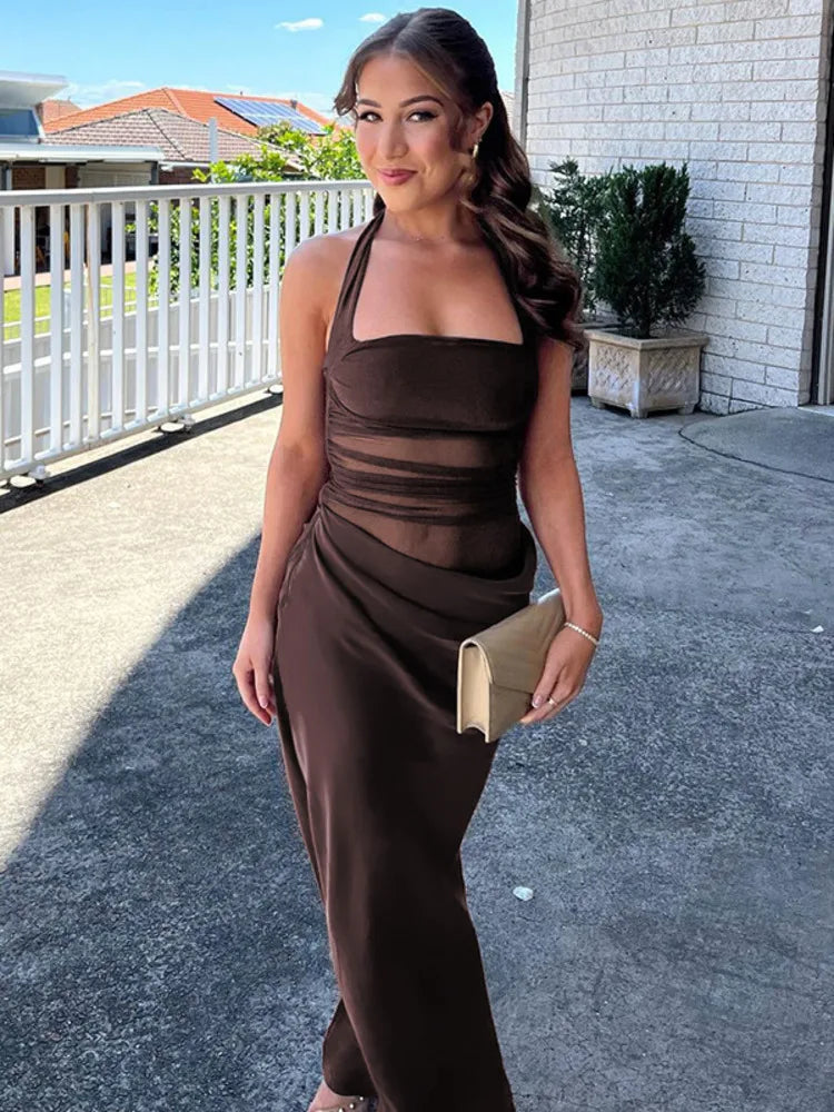 Halter Mesh Ruched Midriff Wrap Panel Bodycon Maxi Gown