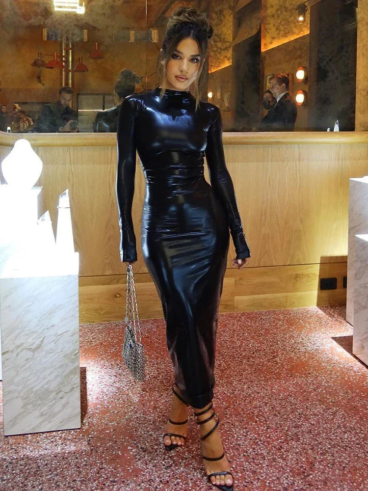 Mock Neck Long Sleeve Glossy Faux Leather Bodycon Maxi Dress 5