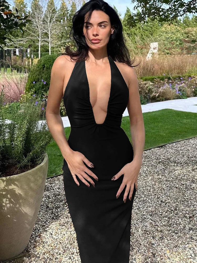 Halter Neck Deep Plunge Ruched Side Bodycon Maxi Dress 6