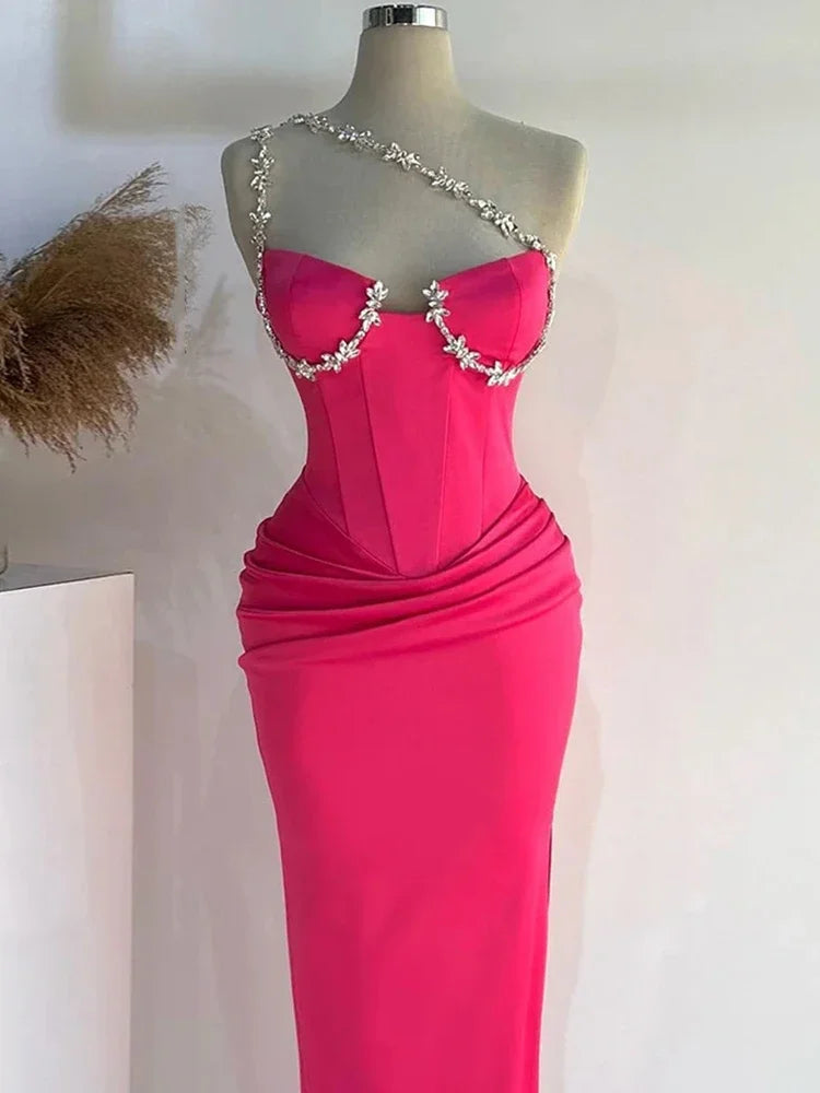 One Shoulder Rhinestone Strap Corset Sweetheart Neck Bodycon Midi Dress 5