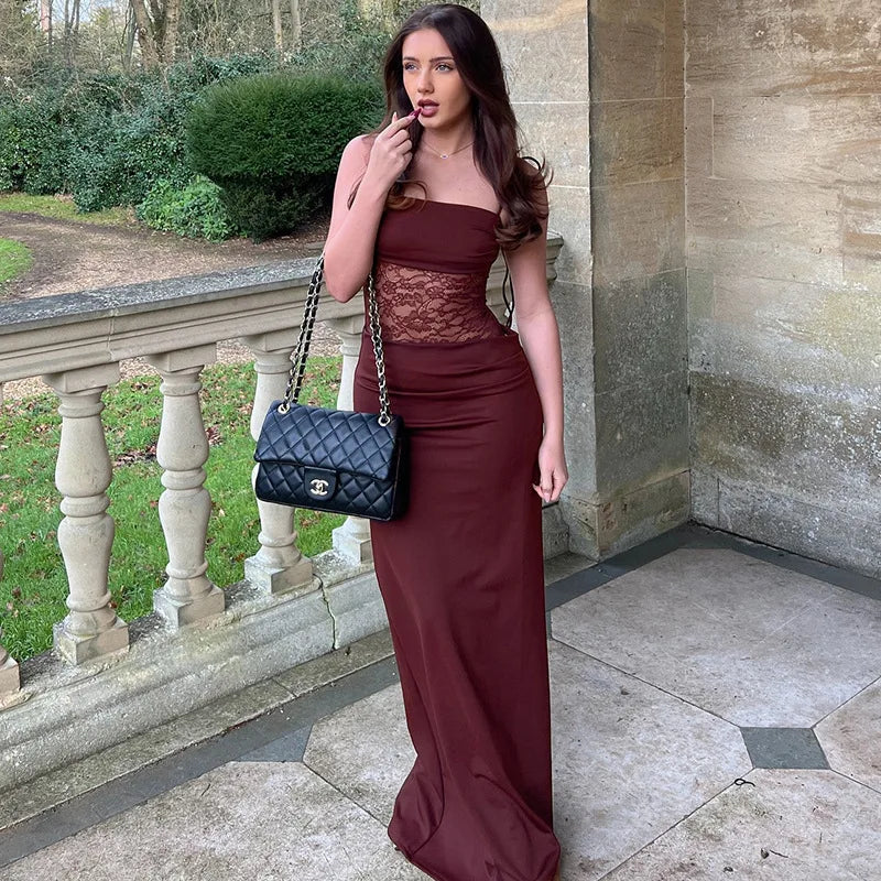 Spaghetti Strap Sheer Lace Waist Cutout Column Maxi Dress
