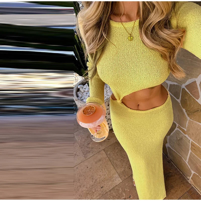 Crew Neck Cutout Twist Waist Side Slit Boucle Knit Maxi Dress 7
