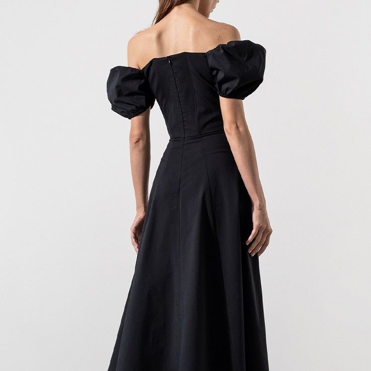 Square Neck Keyhole Tie Bust Puff Sleeve Side Slit Ruched Midi Dress 4