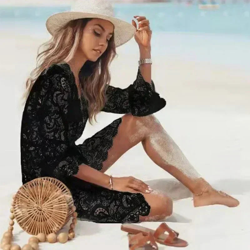 Lace Crochet V-Neck Bell Sleeve Scalloped Hem Hollow Out Beach Mini Dress 6