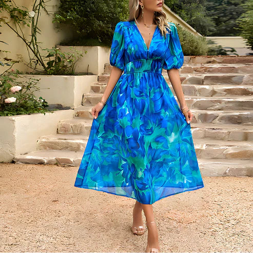 Abstract Floral Print Puff Sleeve Smocked Waist A-Line Midi Dress