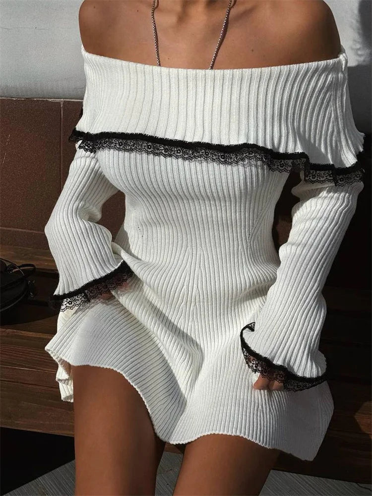 Off Shoulder Contrast Lace Mini Dress