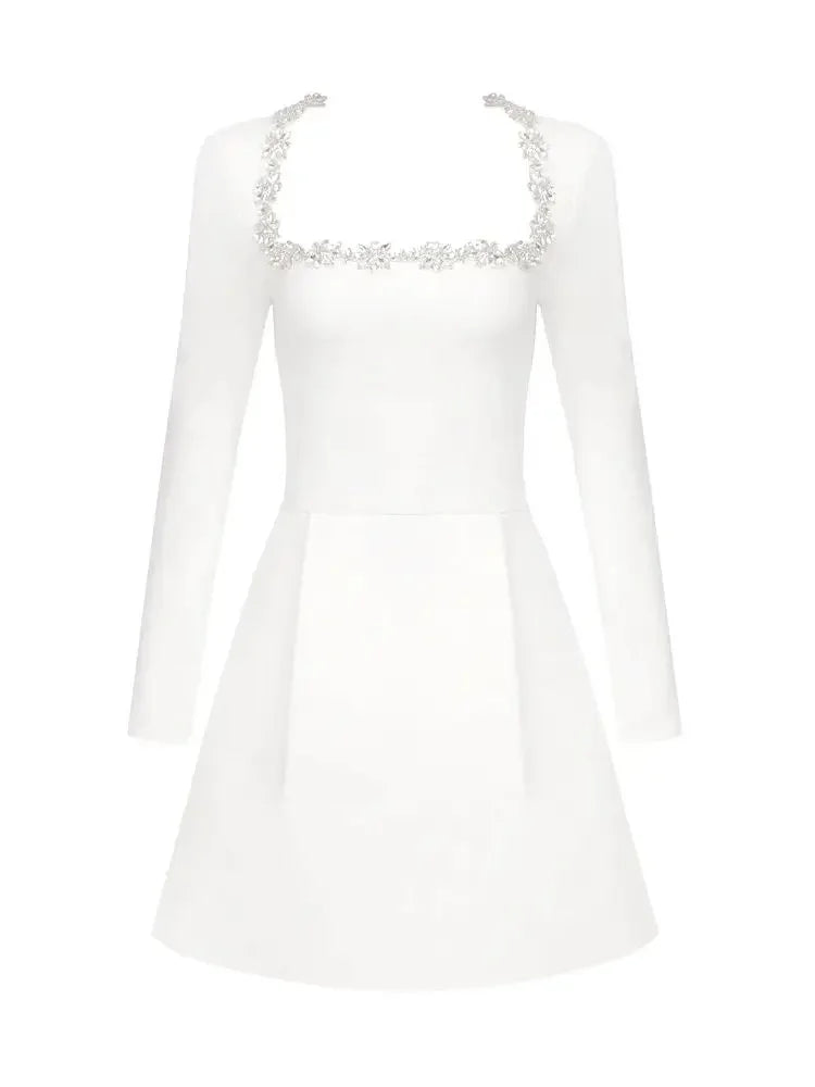 Square Neck Crystal Floral Trim Padded Shoulder Pleated Mini Dress 8