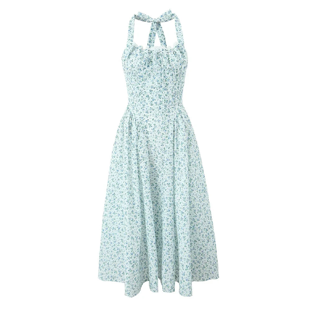 Halter Sweetheart Ruffle Trim Ditsy Floral Fit and Flare Midi Dress 3