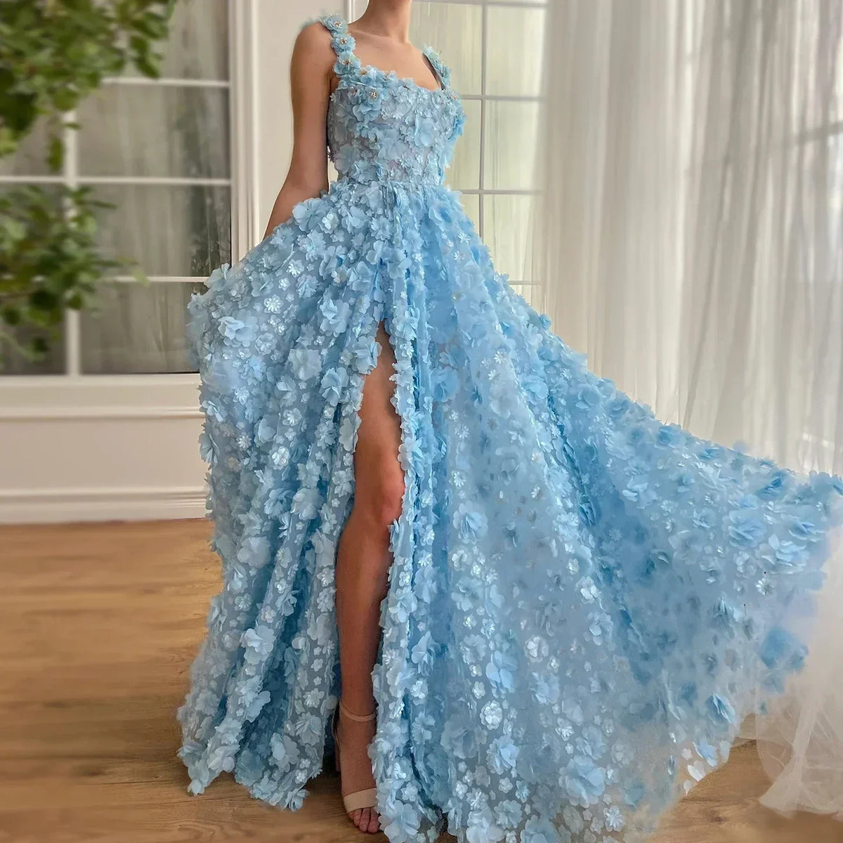 3D Floral Applique Square Neck High Slit Tank Maxi Dress