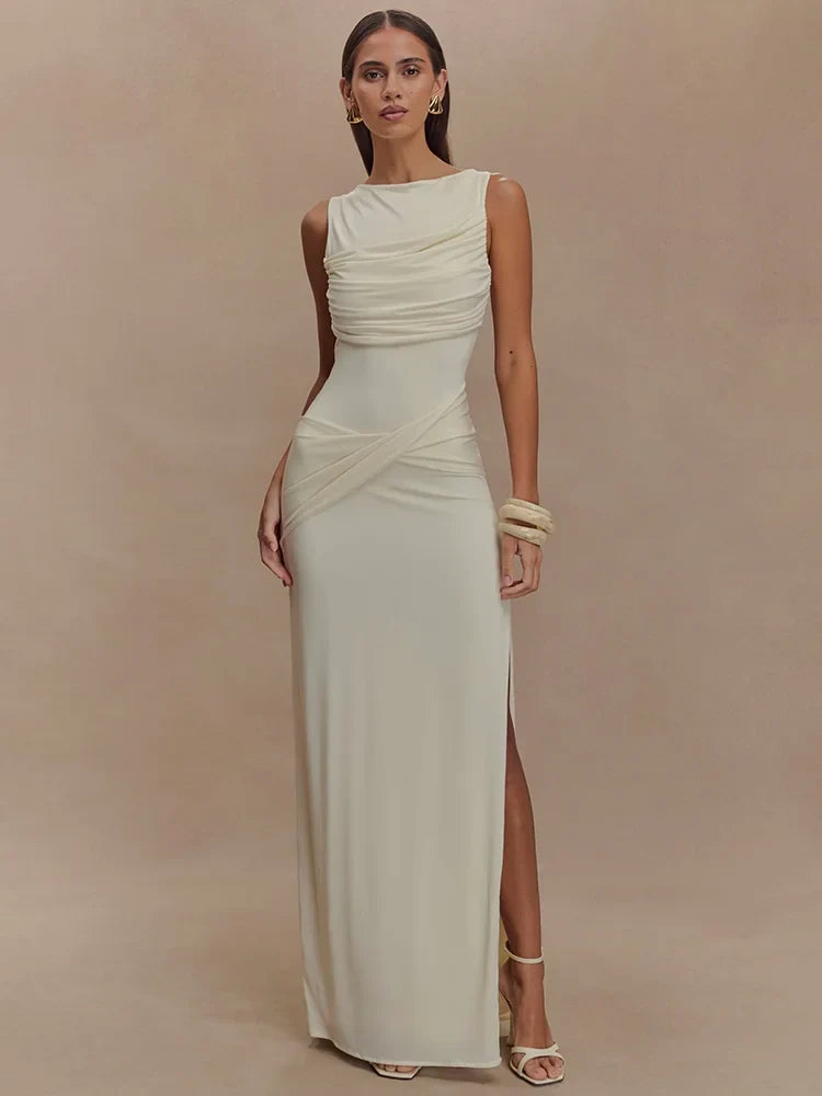 Sleeveless Ruched Boat Neck Draped Waist High Slit Maxi Gown