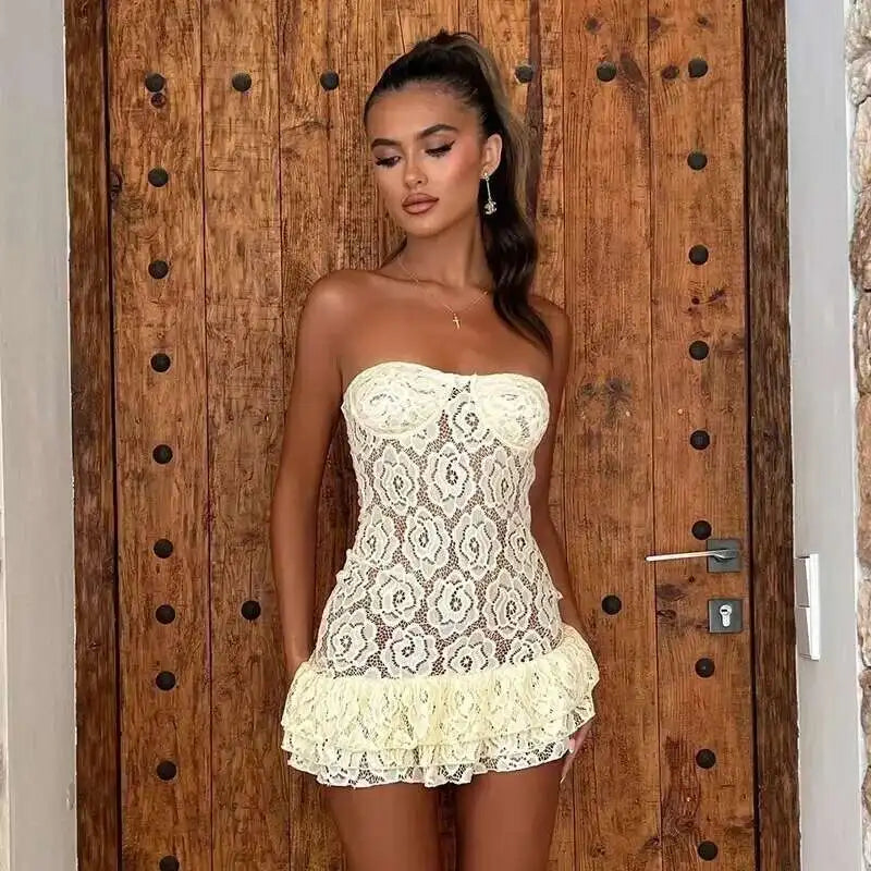 Floral Lace Strapless Sweetheart Neck Tiered Ruffle Hem Bodycon Mini Dress 7