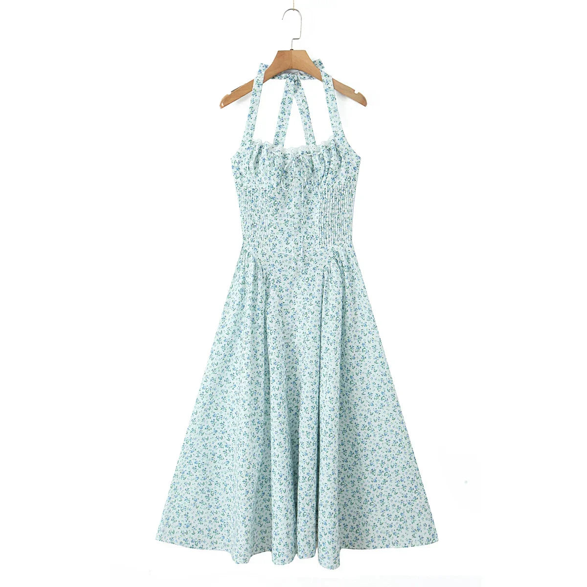 Halter Sweetheart Ruffle Trim Ditsy Floral Fit and Flare Midi Dress 4