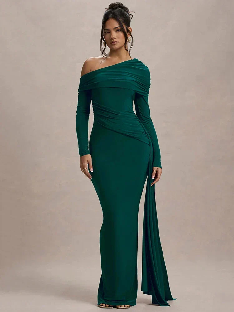 One Shoulder Long Sleeve Draped Ruched Train Maxi Gown