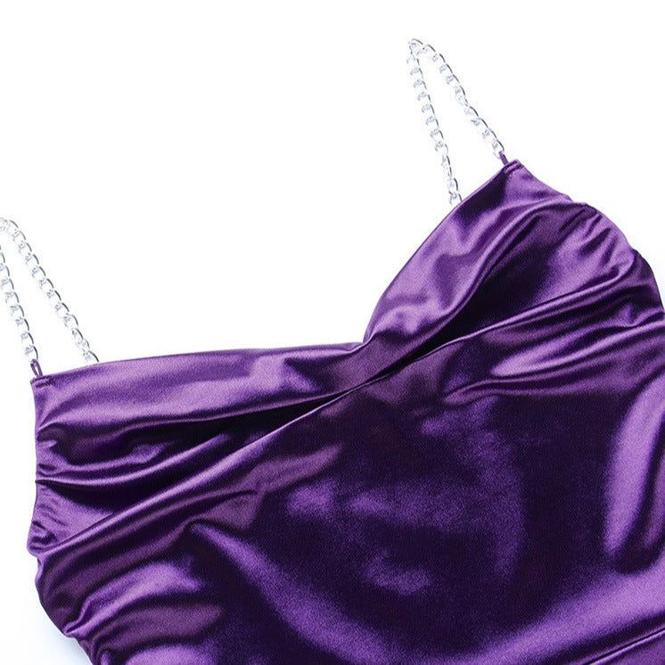Cowl Neck Chain Strap Side Ruched Drawstring Hem Satin Mini Dress 6