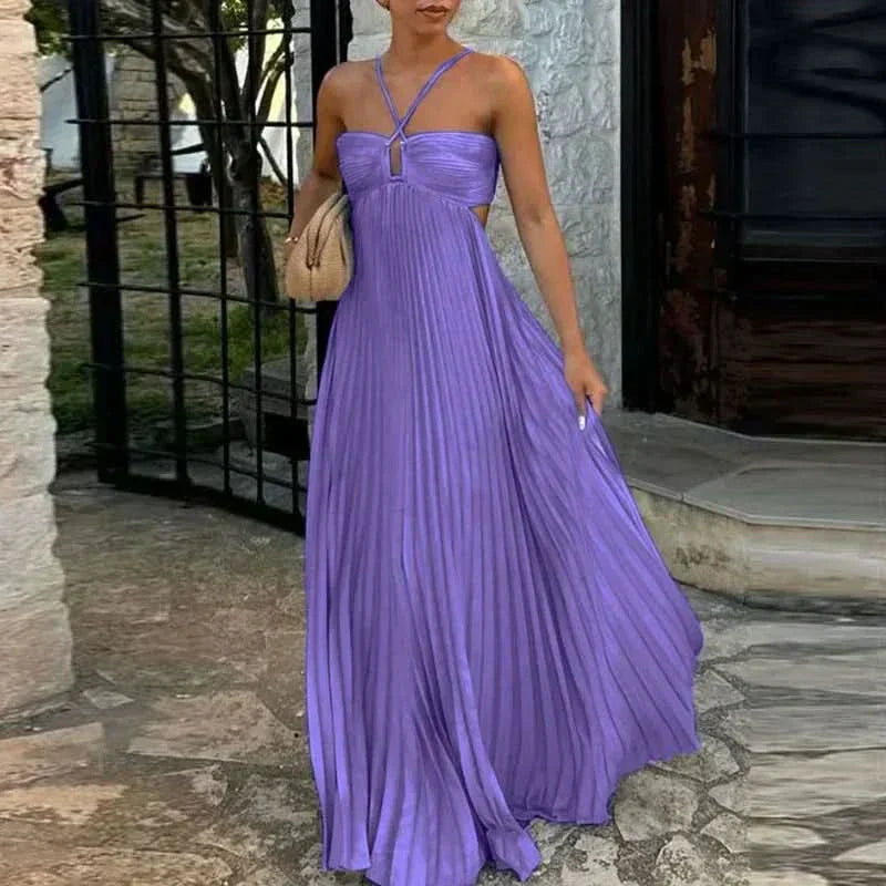 Halter Criss Cross Cutout Waist Sunray Pleat Maxi Dress 5