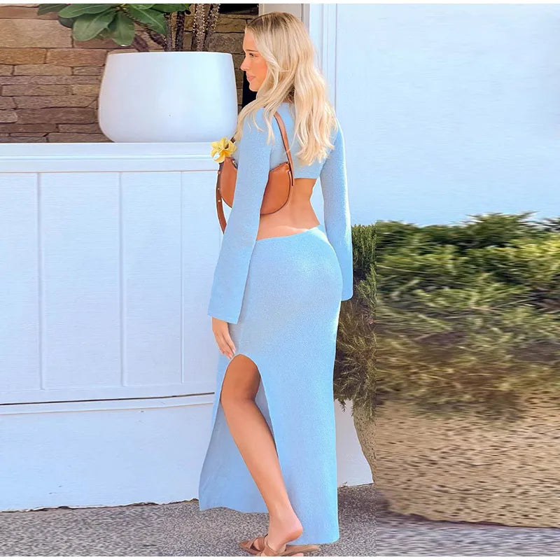 Crew Neck Cutout Twist Waist Side Slit Boucle Knit Maxi Dress 18