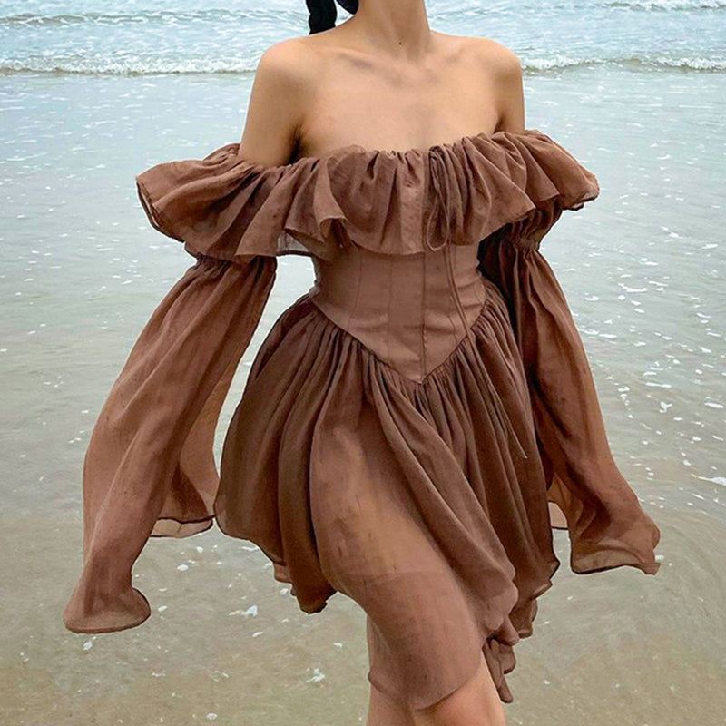 Off-Shoulder Corset Ruffle Trim Balloon Sleeve Handkerchief Hem Mini Dress 2