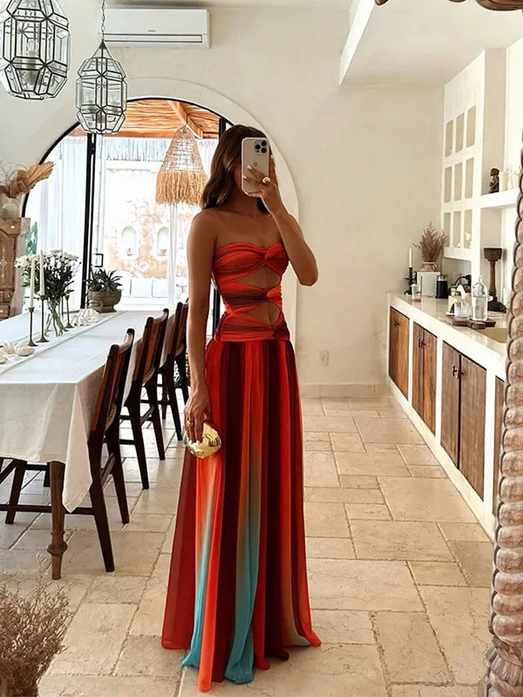 Pleated Tulle Strapless Twist Knot Cut Out Tiered Maxi Dress 2