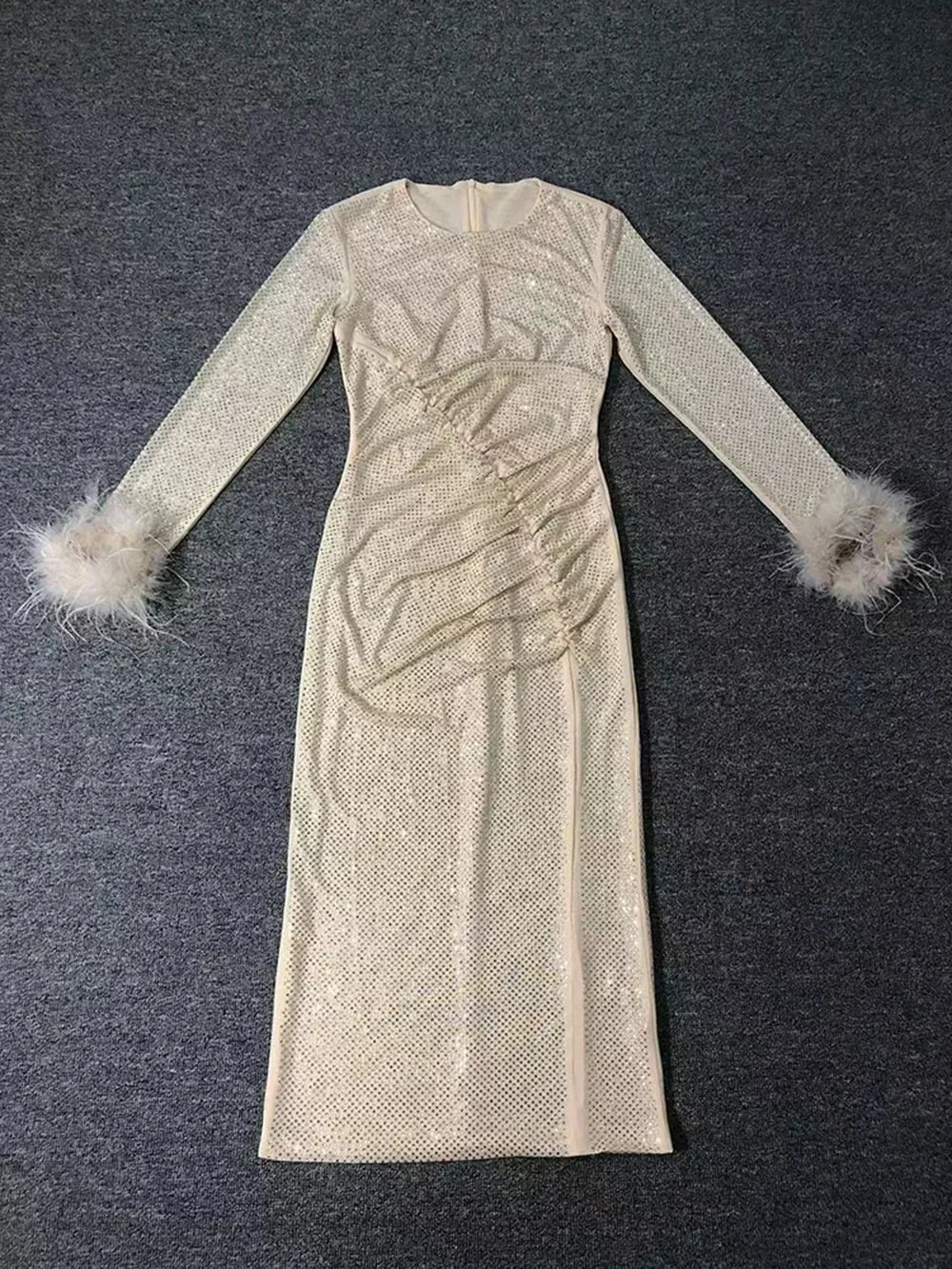 Crew Neck Rhinestone Feather Cuff Asymmetric Ruched Midi Gown 6