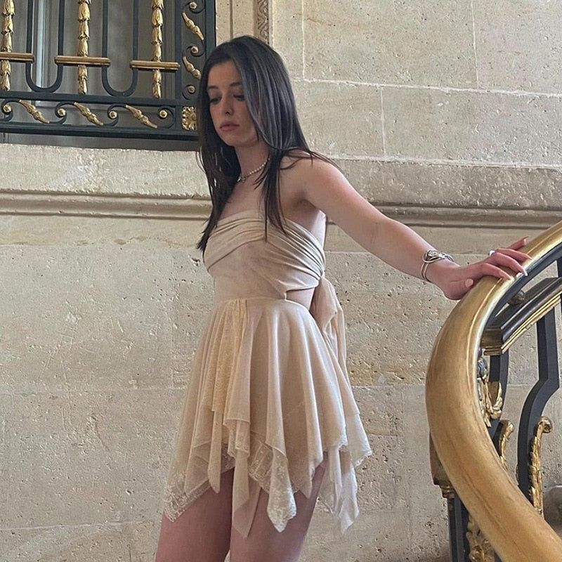 Lace Tier Handkerchief Hem Strapless Back Tie Mini Dress