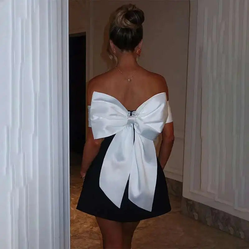 Pearl Trim Neckline Princess Seam Oversized Bow Back Fit and Flare Mini Dress 7